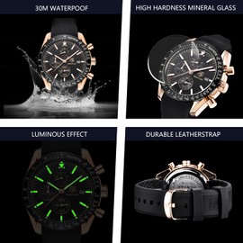 BY BENYAR Men's Business Analogue Chronograph Quartz Watch 30M Waterproof Luminous Date Display Fashionable Casual Watch Sport Multifunction Leather Watch, Rubber Gold Black, Classic