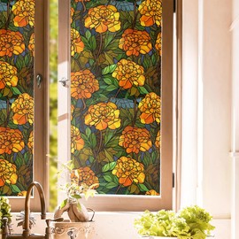 Orange Flowers Green Leaf Vintage Stained Glass Window Films Decorative Double-Side Privacy Film Self-Adhesive Static Glass Clings Stickers for Living Room Bathroom Glass Windows Decor