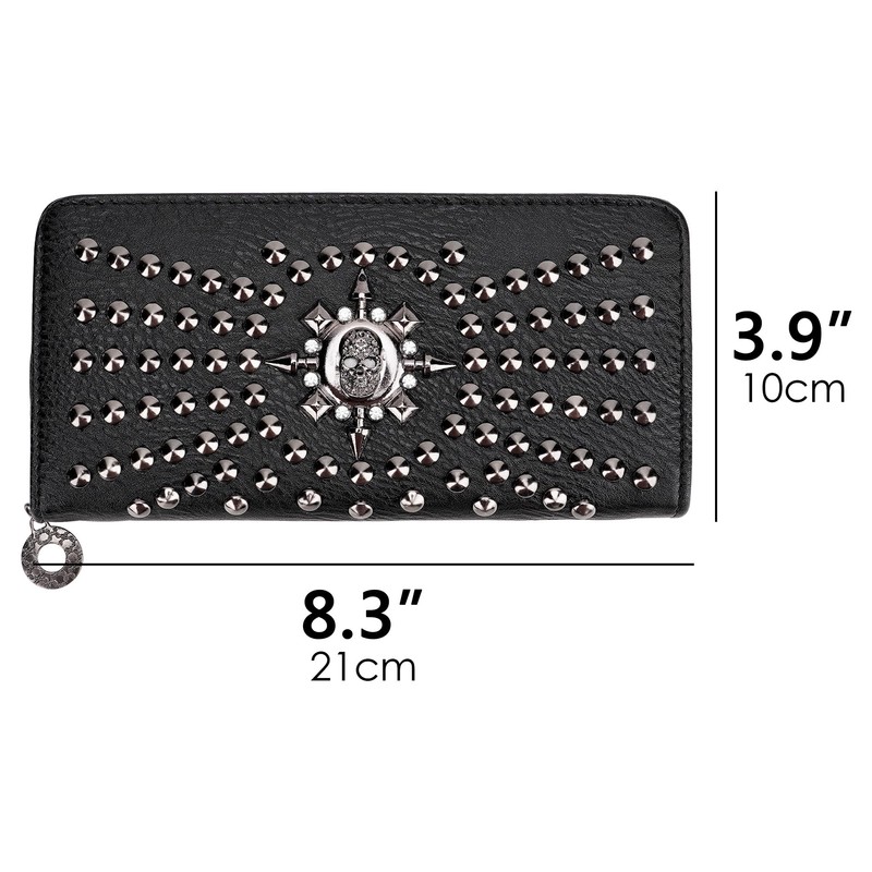 BUNCHBRAVO Studded Skull Wallet for Women, Black Gothic Clutch with