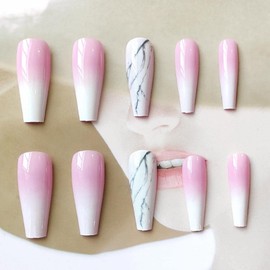 SINLOV 24 Pieces False Coffin Nails, Shiny Gradient Press on False Nails, Long Ballerina Fake Nails, Full Surface False Nails for Women and Girls (Nude Pink 2)