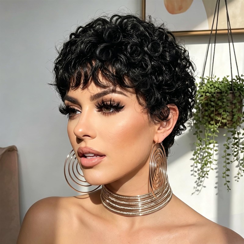2 Pcs Glueless Pixie Cut Wig, Short Black Wig with