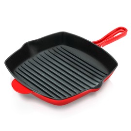 NutriChef Nonstick Cast Iron Grill Pan - 11-Inch Kitchen Square Skillet Grilling Pan, Enameled Steak w/Side Drip Spout For Electric Stovetop, Induction, Gas, Black (NCCIES47.5)