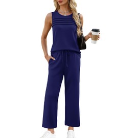 WIHOLL Lounge Sets for Women 2 Piece 2025 Summer Casual Travel Ladies Loungewear Set Business Casual Outfits Work Crew Neck Tops Sweat Set Fashion Plus Size Royal Blue 2XL