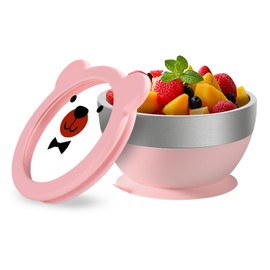 Mrs. Chou Suction Bowl and Spoon Set for Babies and Toddlers Non-Slip Silicone Suction Cups, Advanced 304 Stainless Steel Bowls, Double-Layer Insulation, and BPA-Free Lids Food-Grade Safety PINK