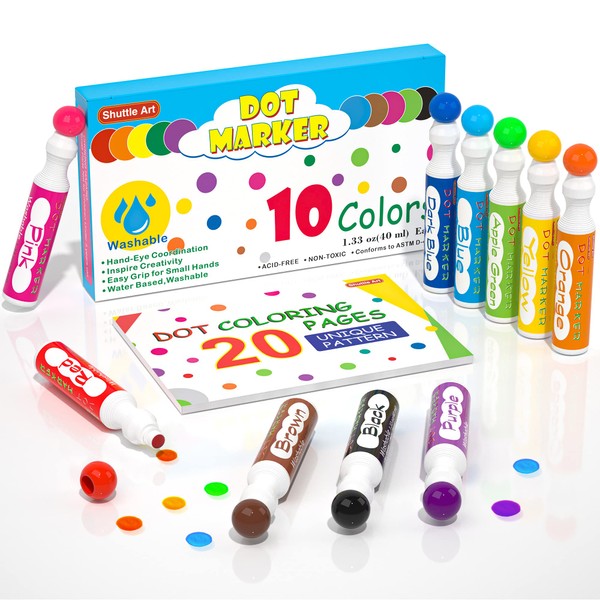 Shuttle Art Dot Markers, 10 Colors Bingo Daubers with Dot Coloring Book for Toddler Art Activities, Non-Toxic Washable Coloring Markers for Preschool Kids Learning Educational Supplies