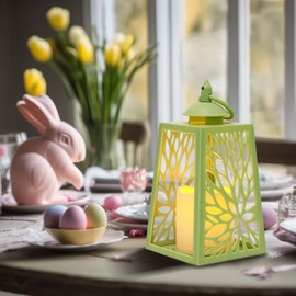 Rhytsing 8" Small Green Lanterns with LED Flameless Candles, Battery Powered Hanging Lanterns with Timer for Easter Spring Decoration - Set of 2
