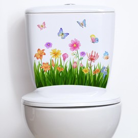 Green Grass Rose Flowers Toilet Cover Sticker Decals,Butterfly Rose Flower Leaf Waterproof Toilet Lid Tank Seat Decals Cistern Self-Adhesive Bathroom Wall Sticker