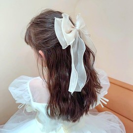 Hair Ribbon, Set of 2, Ribbon, Hair Ornament, Barrette, Hair Clip, White, Blue, Cute (Beige)