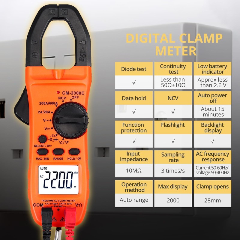 AMTOVL Clamp Meter - AC/DC Current, 2000 Counts Auto-ranging TRMS