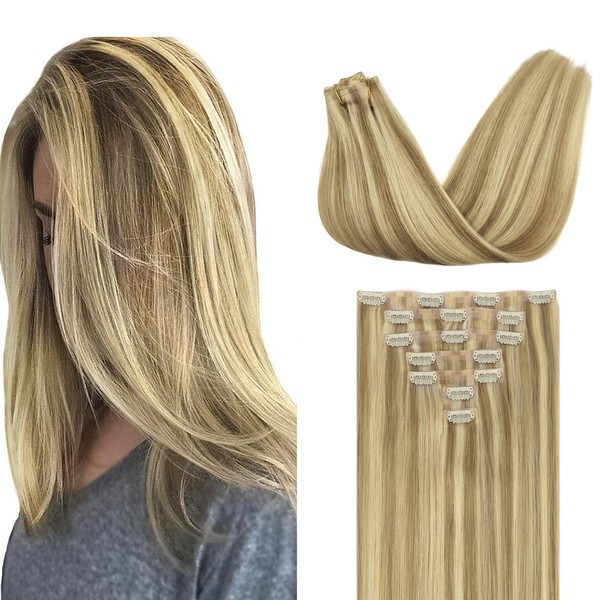 GOO GOO Seamless Clip-In Human Hair Extensions, 40 cm, 110 g, 7 Pieces, 16/22 Light Blonde Highlighted Golden Blonde, Remy Clip-In Extensions, Real Hair, Natural Hair Extensions
