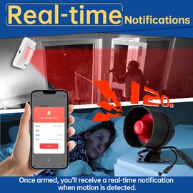 Upgraded Motion Sensor WiFi Security Alarm System Kit-Wireless 120db Loud Weatherproof Siren Horn with Remote Control&Motion Sensor Alarm Home Hotel Garage Shop Burglar Alarm System(Set B)