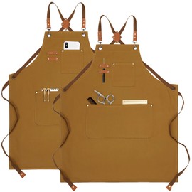 Behogan Pack of 2 Canvas Aprons, Cross Back Work Apron with Adjustable Strap and 3 Pockets for Men and Women, Waterproof Aprons for Men Hairdresser, Kitchen, Gardener (Brown)