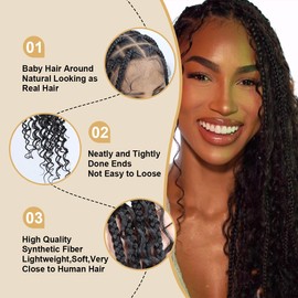 Sangtok 36 inch Knotless Boho Box Braid Wigs, 360 Single Full Lace Braided Curly Wigs for Black Women, Synthetic Black Braided Lace Wig