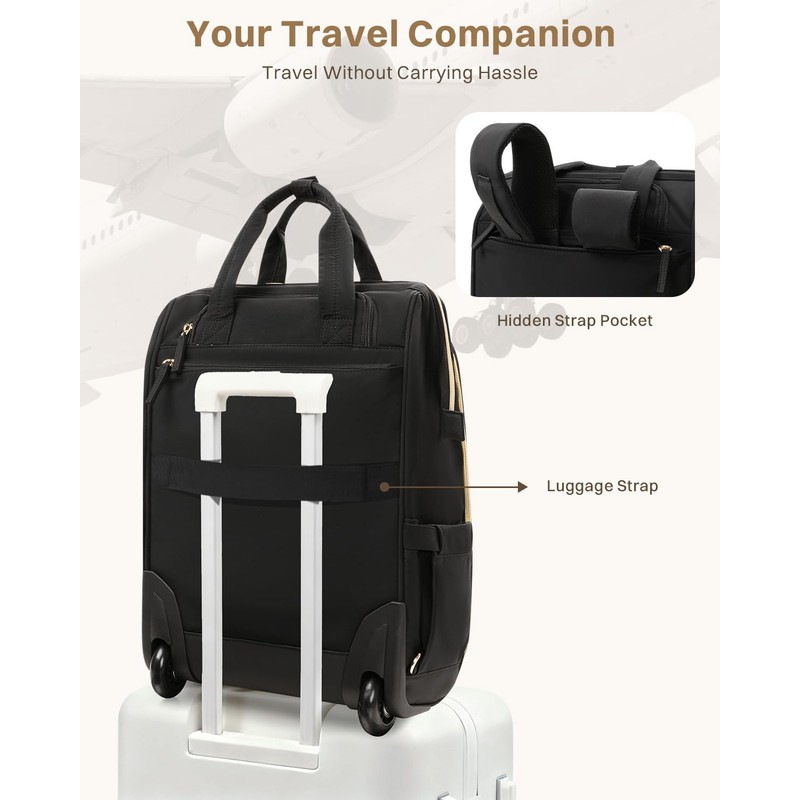 Rolling Puffer Backpack for Women, Wheeled Laptop Backpack, Short-Term Travel