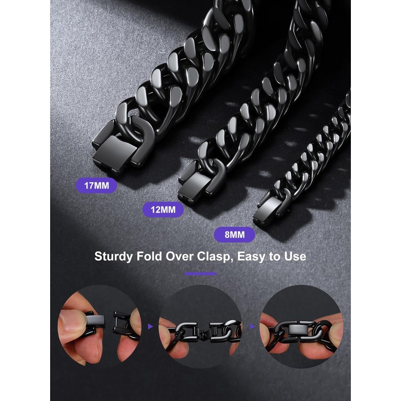 Richsteel 8.2 Inch Black Plated Stainless Steel Curb Chain Bracelet