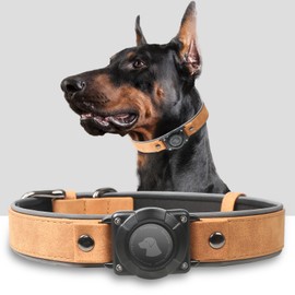 AirTag Dog Collar - Leather Dog Collar with Air Tag Holder | IPX8 Waterproof, Reflective, High - End, Adjustable Soft Padded | Dog GPS Tracker Collars Fit for Medium Large Dogs (Light Brown, XL)