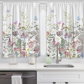 Lofaris Hello Spring Colorful Floral Kitchen Green Leaves Plant Farmhouse Sage Herb Small Wildflower Cafe Curtains for Living Room Bedroom Window Rod Pocket Window Fabric 2 Panels 27.5 x 39 Inch