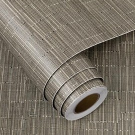 FunStick - Papel pintado de tela de zacate café topo para despegar y pegar con textura, autoadhesivo, papel de contacto de ratán café para gabinetes, papel de pared extraíble de zacate sintética para