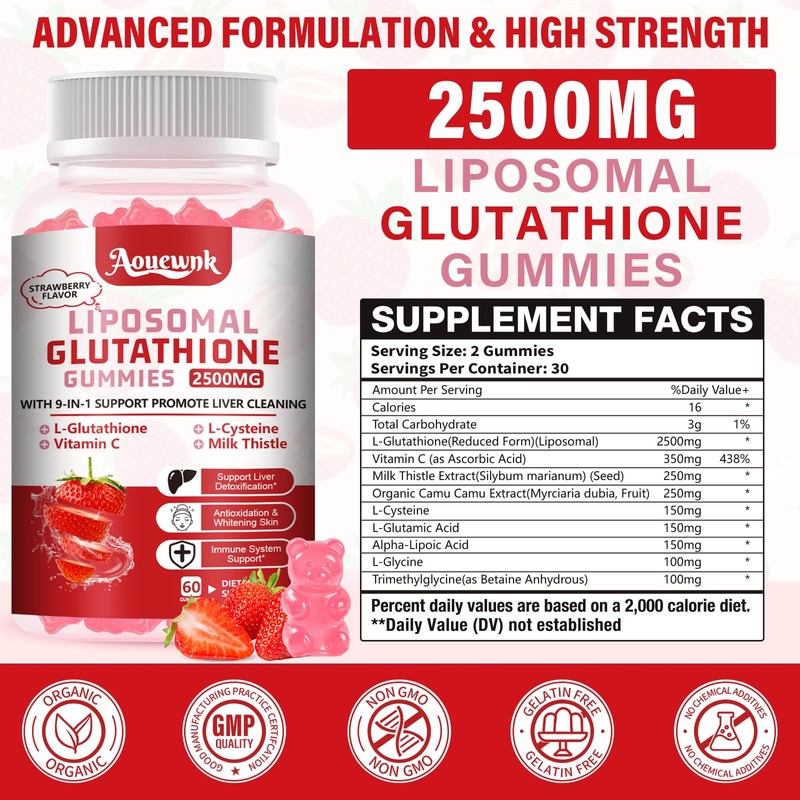 Aouewnk 2 Packs 2500MG Liposomal Glutathione Gummies Supplement
