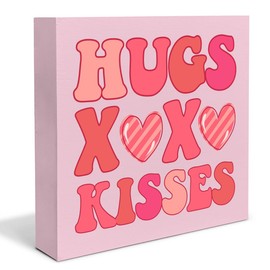 Valentines Decor - Romantic Hugs Kisses Wood Box Sign Valentines Wood Block Sign Desk Decorations for Home Bedroom Tabletop Shelf - 5 X 5 Inches