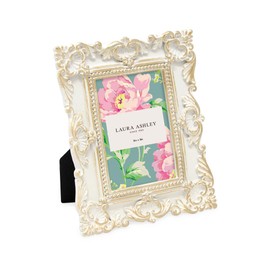 Laura Ashley 2x3 White W/ Gold Ornate Textured Hand-Crafted Resin Picture Frame with Easel, for Tabletop & Wall Display, Decorative Floral Design Home Décor, Art & More (2x3, White W/ Gold)