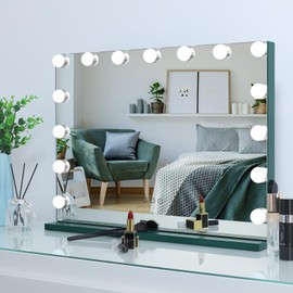 WAYKING Vanity Lighted Mirror for Bedroom, Colorful Makeup Mirror with USB Charging Port, Tabletop or Wall Mounted Mirror with 15 Dimmable LED bulbs, Large Hollywood Mirror with 3 Lighting Modes,Green