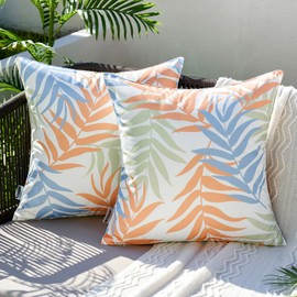 MIULEE Outdoor Cushion Covers Waterproof Polyester Throw Pillow Cover Square Decorative Pillowcase with Leaf Patterns for Garden Sofa Livingroom Bedroom Tent Park 2 Pieces 18x18 Inch Blue Orange