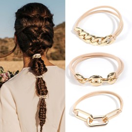 3Pcs Hair Tie Bracelets for Women, Gold Ponytail Holders with Metal Jewelry No Damage Elastic Scrunchies Cute Hair Accessories for Women Girls