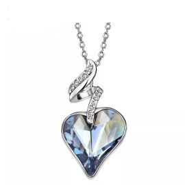 ZARD Love Heart Pendant Necklace in Blue Bezel Cut Austrian Crystal Rhinestone