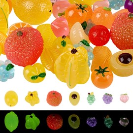 DELORIGIN 42Pcs Mini Luminous Resin Fruits Realistic Faux Fruits Decor Artificial Fruit Charms Tiny Fruit Figures Glow in The Dark Small Strawberry Grape Orange for Party Table Set Decoration