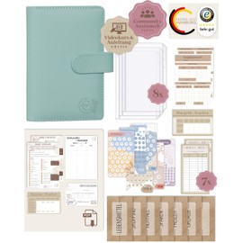 BeginnerBudget® Budget Planner German - Starter Set with Economy Challenge Budget Planner - Save with Envelope Method + Instructions - Ring Binder - Binder A6 Smooth Leather Style (Light Blue)