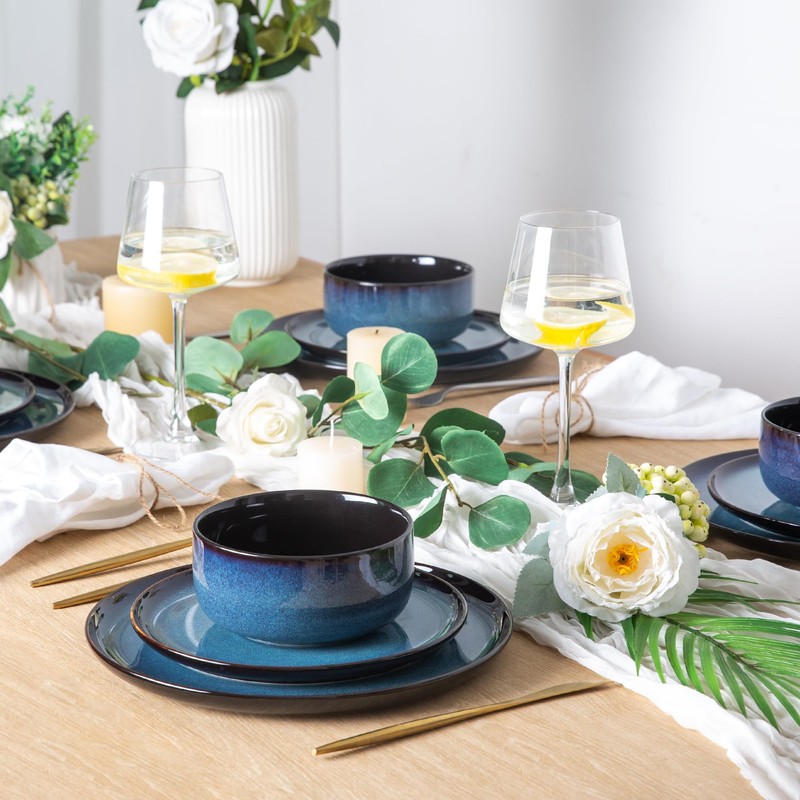 LeRatio Ceramic Dinnerware Sets for 6,Porcelain Plates and Bowls Sets,Handmade