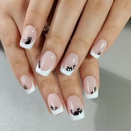 Curvlife Press On Nails Stick On Nails Short Fake Nails Design Acrylic Nails Stick On Nails Tips Glue On Nails False Nails For Women Nail Kit With Nail Glue (Cat French, Medium)