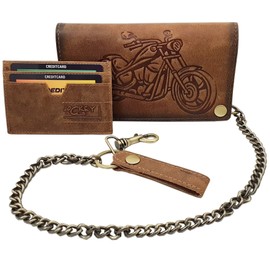 myledershop Real Buffalo Full Leather Landscape Format Biker Wallet / Purse / Wallet with Metal Chain with Removable Card Case with RFID & NFC Protection in 3 Colours, brown, biker