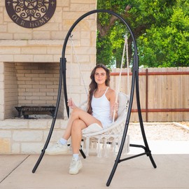ANOW Macrame Hammock Chair with Stand, Heavy Duty Hanging Chair Stand with Swing Chair, Includes Luxury Padded Cushion, Max 400 Lbs, Natural