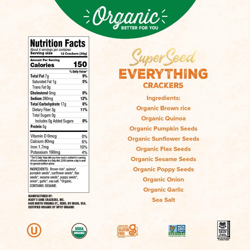 Mary's Gone Crackers Super Seed Everything Crackers, Vegan Friendly, Kosher,