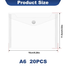 20 Pcs A6 Plastic Wallet, Small Clear Document Folders with Popper Waterproof Transparent Plastic Envelope Files Snap Button for School Home Office Travel Paperwork Organization, 16x11.5 cm