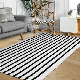 Cotton Woven Area Rugs 35.4" x 59" Black Cream Stripe Rug Front Door Rug Flatweave Kilim for Living Room, Bedroom, Farmhouse Mat Rug Carpet for Kitchen Porch Decoration (3' x 5', Black/Cream)