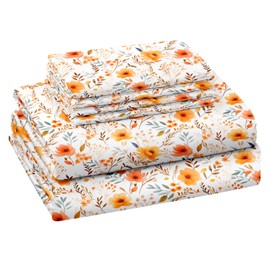 BYSURE Queen Sheet Set 6 Pieces (Orange Floral), Cottage Core Botanical Patterned Sheets, Victorian Flower Microfiber Bedding Decor