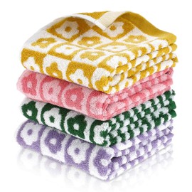 FdcZeyxior 4 Pcs Checkered Hand Towels, Cute Cotton Bath Towels Soft Absorbent Floral Hand Towels for Bathroom, Colorful Patterned Face Towels for Bath Spa Gym Kitchen 13” x 29”