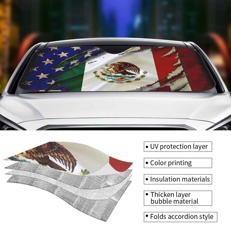 Mexican Mexico American Flag Windshield Sun Shade Front Protector Folding