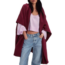 CHARTOU Women Hooded Kimono Cardigan Sweater Oversized Open Front Cardigan Jacket (Medium, Wine Red)