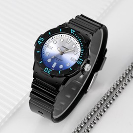 TONSHEN Children's Watch Waterproof Boys and Girls Watches Analogue Quartz Rotating Dial Wrist Watches Plastic Bezel with Rubber Strap, Blue black, Strap.