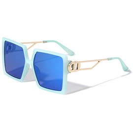 Dweebzilla Womens XL Oversized Square Luxury Aviator Sunglasses (Green & Gold Frame, Blue Flash Lenses)