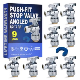 New Age America® 9pcs Angle Stop Valve AquaFlow 360™ | 8pc 1/2" Push-Fit x 3/8" Compression & 1 Tool | Angle Stop Valve | 1/4" Turn | Angled Faucet Water Shut Off | Lead-Free | Chrome Plated Brass
