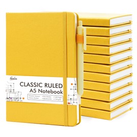 12 Pack Notebooks Journals Bulk with 12 Black Pens, Feela A5 Hardcover Notebook Classic Ruled Journal Set with Pen Holder for School Business Work Travel Writing, 120 GSM, 5.1”x8.3”, Yellow