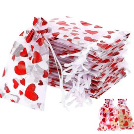 Heart Candy Bags Love Heart Gift Bags Jewelry Packaging Pouches Valentine's Gift Bags – 50PCS Heart-Designed Organza Bags with Double Drawstring, 4x3.2 Inches, Semi-Transparent for Candy, Jewelry