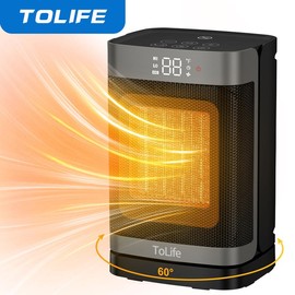 ToLife Space Heater Indoor with Thermostat, 1500W PTC Electric Heater, 60°Oscillating, 4 Modes, 12h Timer, Overheat Protection, Portable Heater for Home Office Desk Indoor Use Heat Up 200 Square Feet