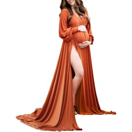 Maternity Gown Bishop Sleeves Baby Shower Dress Wrap Side Slit Sweetheart Maxi Photo Shoot for Photography（ Burnt Orange 2XL ）