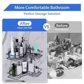 Moonlit Pond Corner Shower Caddy, 2 Pack Adhesive Shower Corner Organizer Shelves, No Drilling Stainless Steel Shower Storage Rack with Hooks&Toothpaste Holder for Bathroom, Dorm and Kitchen, Black